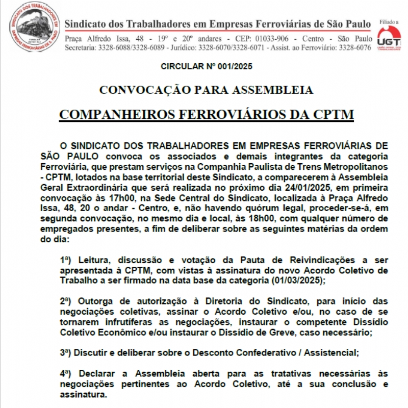 Assembleia dia 24/01 s 18h para apreciao da pauta de reivindicaes do ACT 2025/26 Comparea! Sua participao  fundamental!